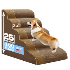 Escaleras Miorun para perros con ancho extra junto a cama alta.