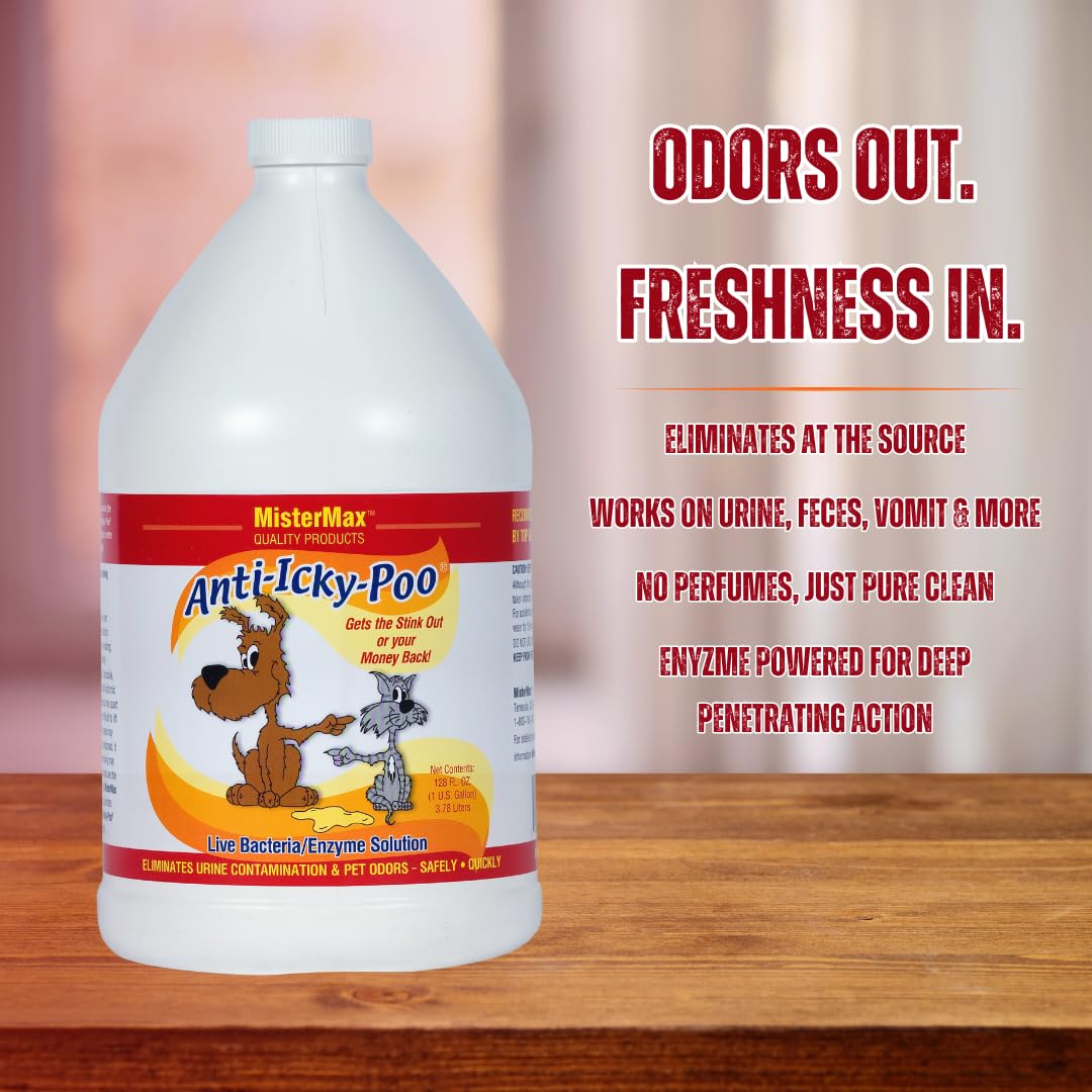 Mister Max Anti Icky Poo, etiqueta original, aroma característico tras la limpieza de olores.