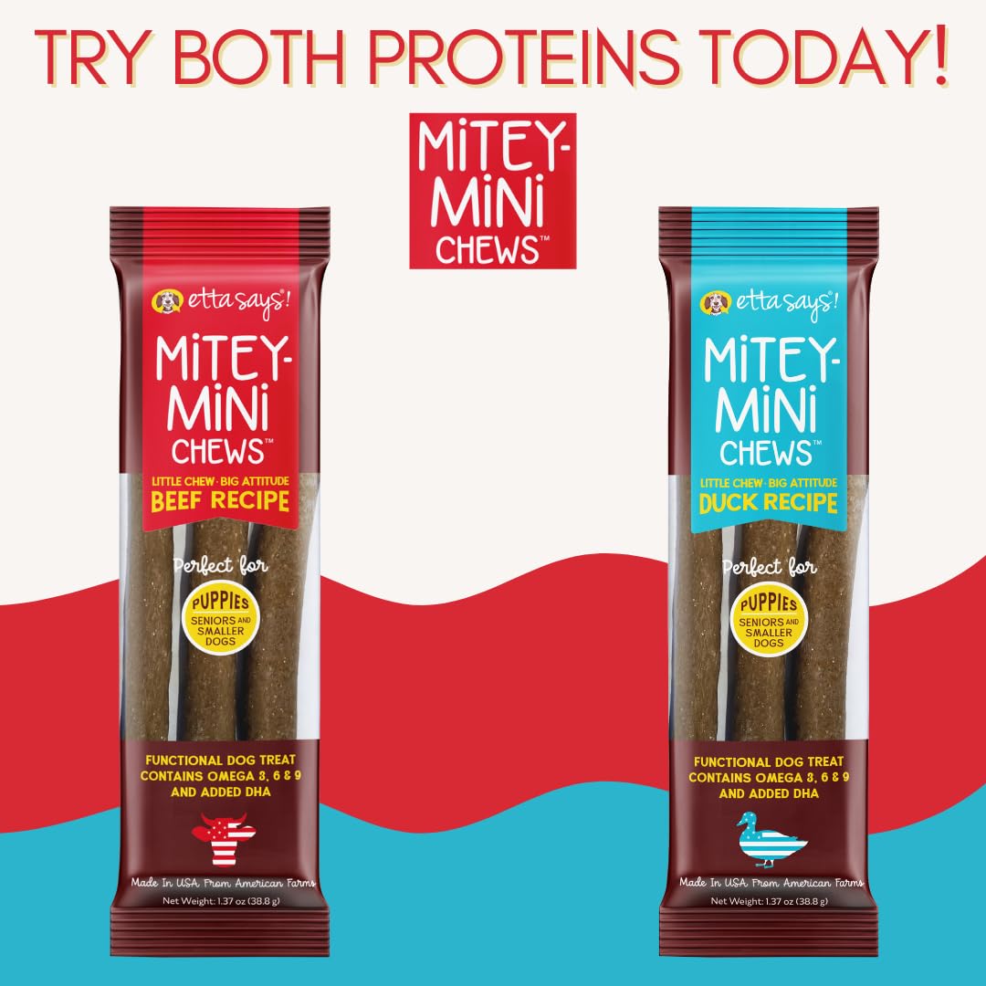 Golosinas para cachorros y perros mayores: Mitey Mini Chews, crujientes y fáciles de masticar.