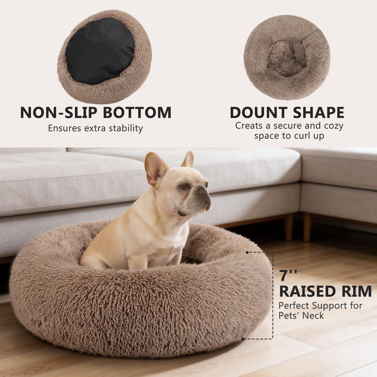 Cama MIXJOY para perros donut ortopédica marrón de 20 pulgadas, soporte suave
