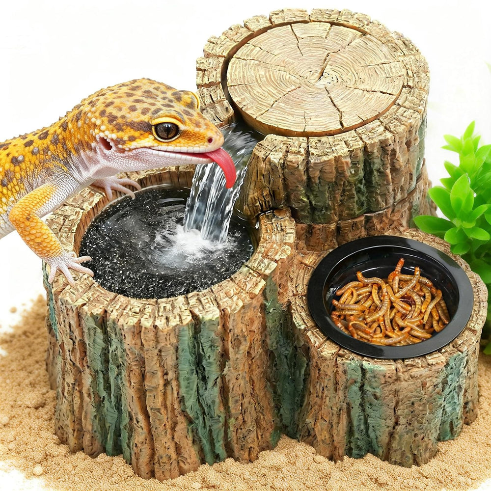 MIXJOY fuente para reptiles tronco-arbol: estimula hidratación y exploración natural.