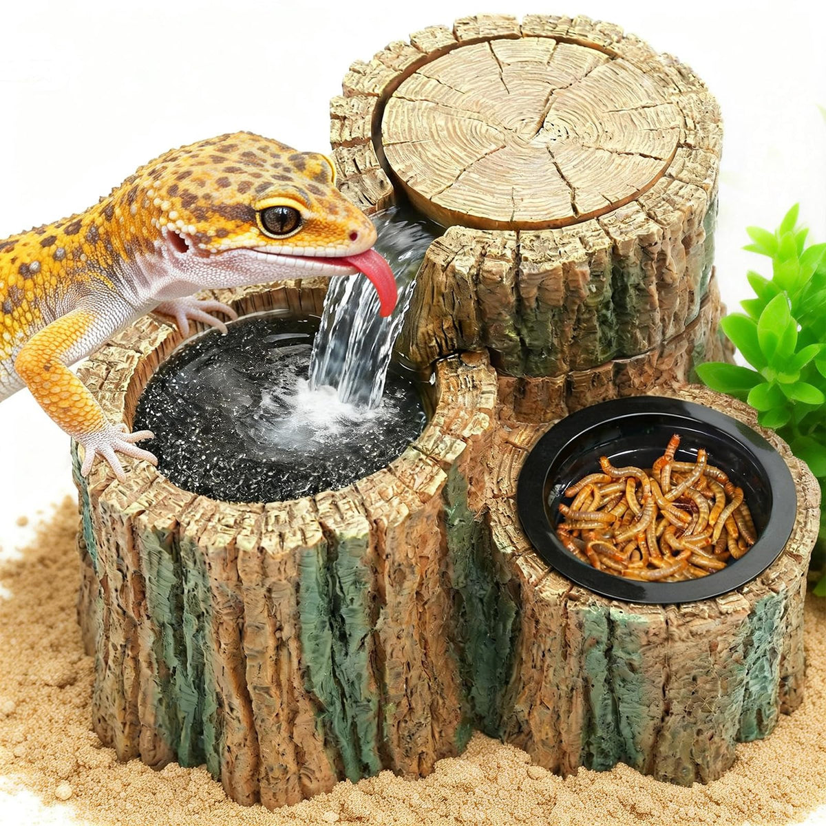 MIXJOY fuente para reptiles tronco-arbol: estimula hidratación y exploración natural.
