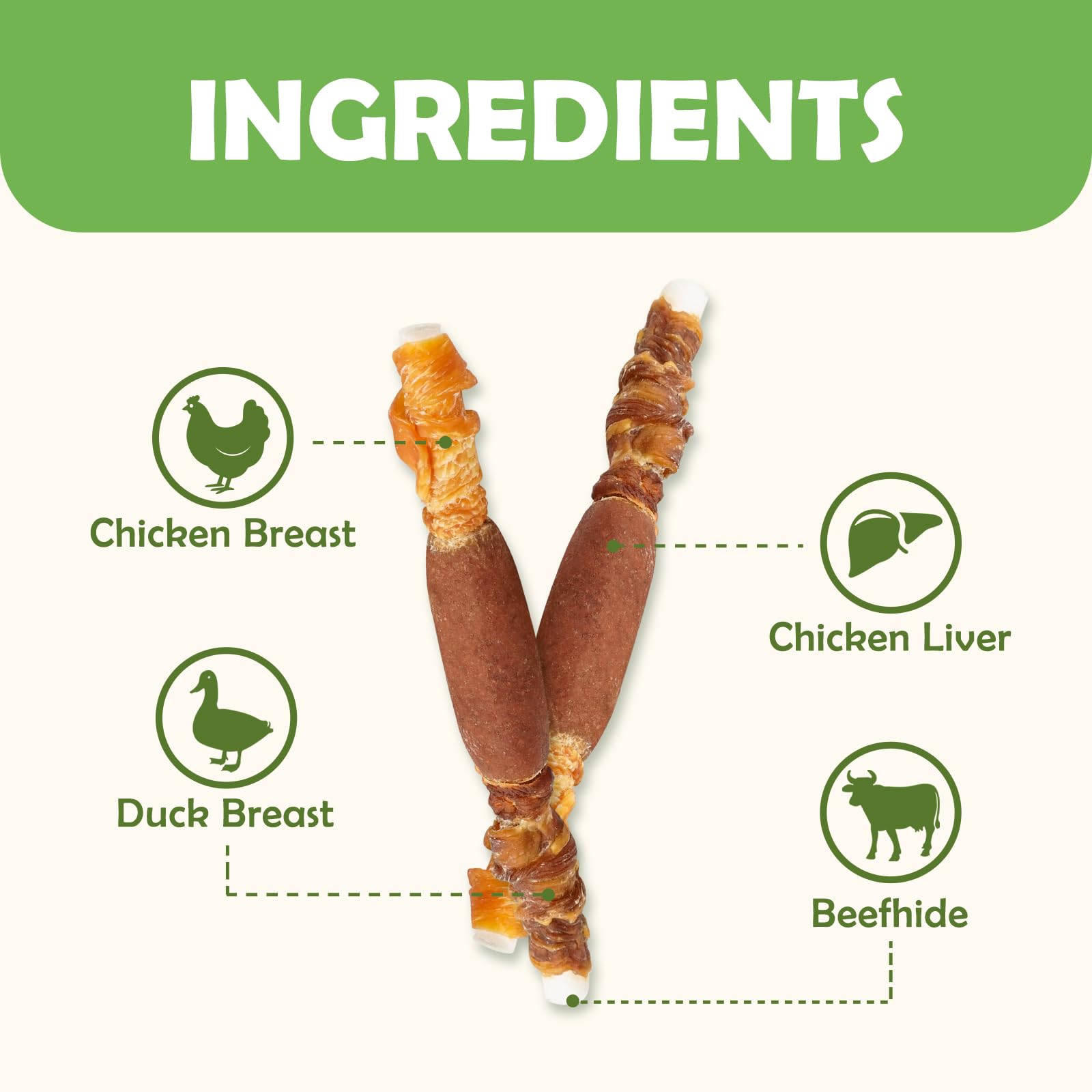 Detalle de sabores: pollo, hígado y pato en palito.