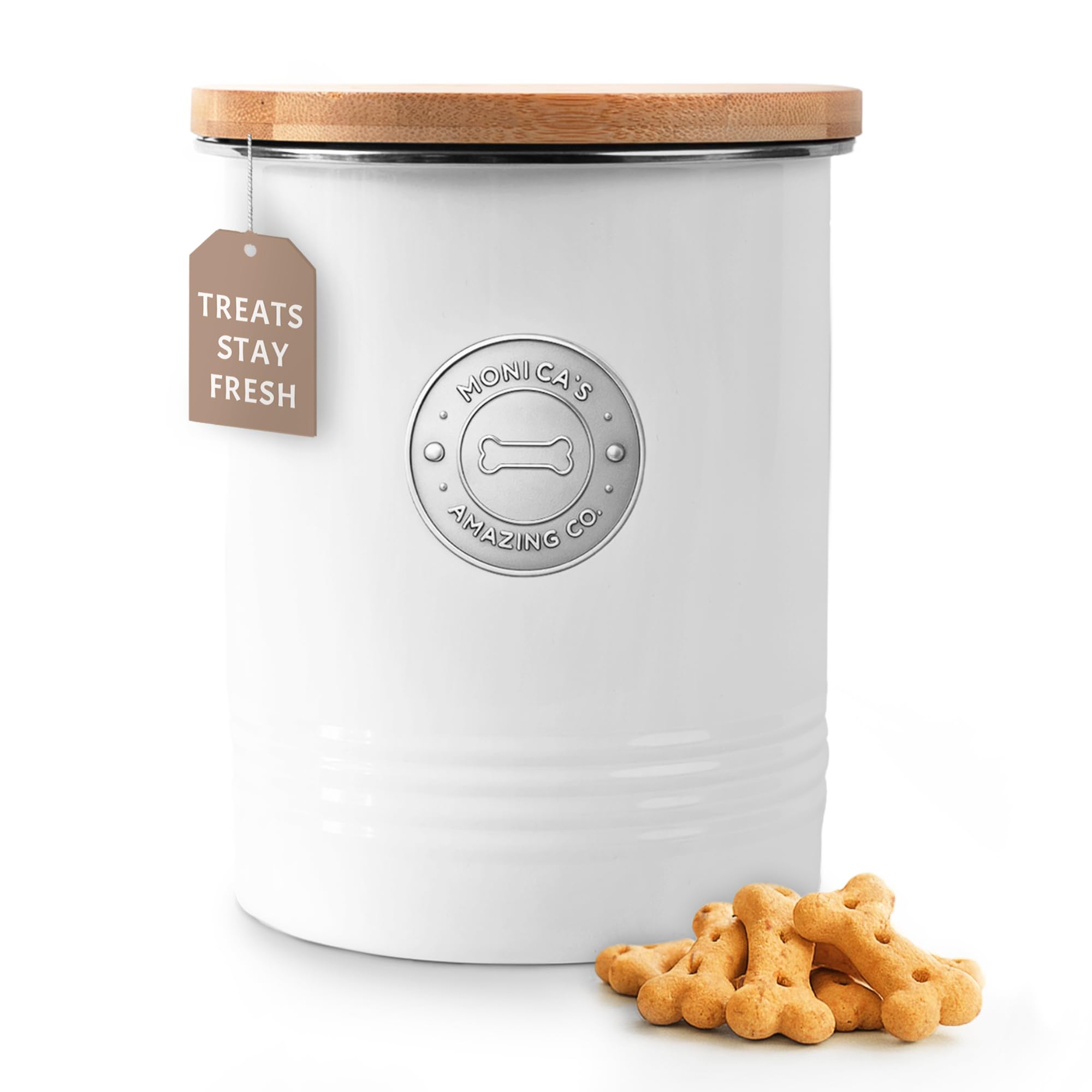 Contenedor galletas para perros de Monica´s Amazing Co, almacenamiento duradero y práctico.