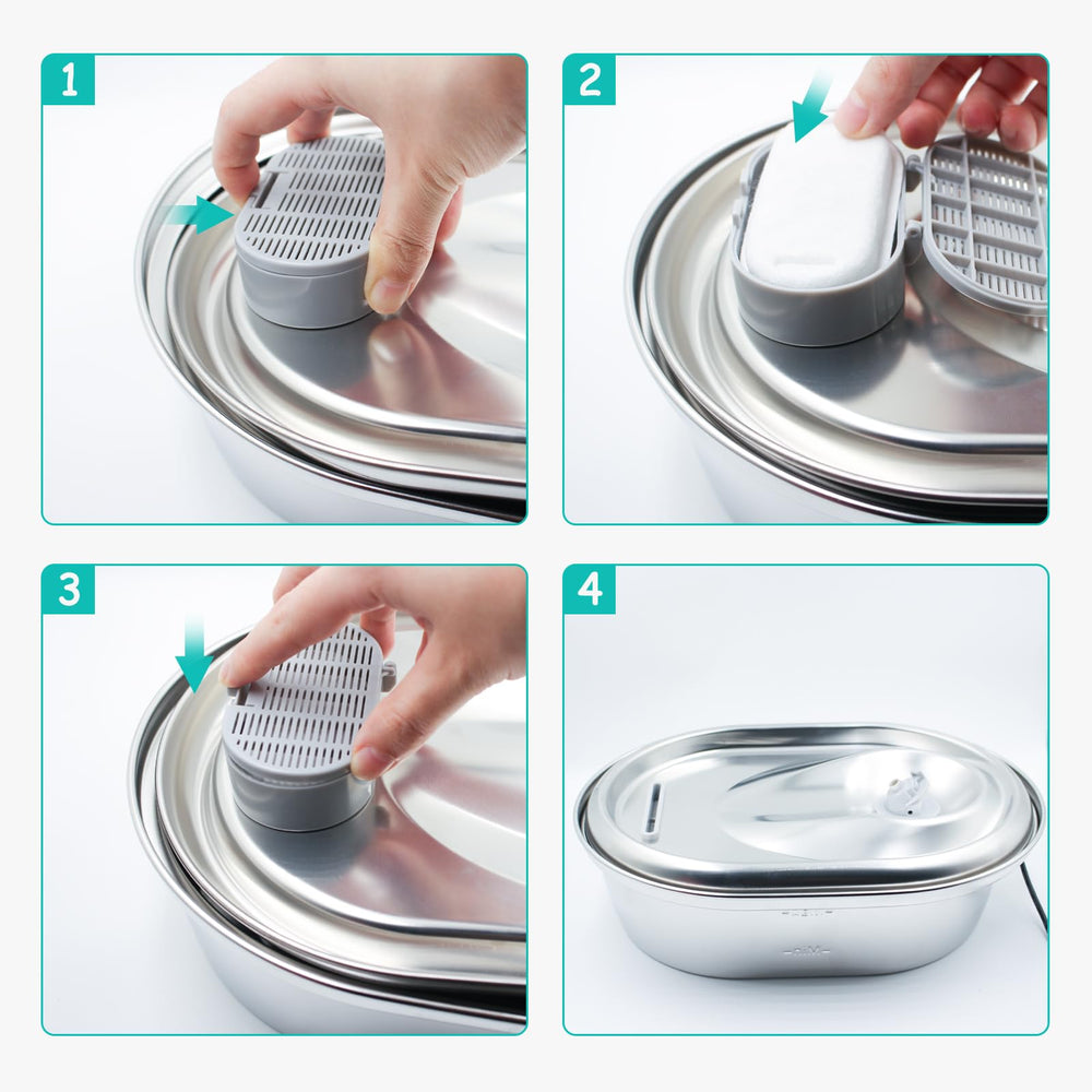 Monsin fuente de gatos en uso con flujo ajustable para mayor confort.