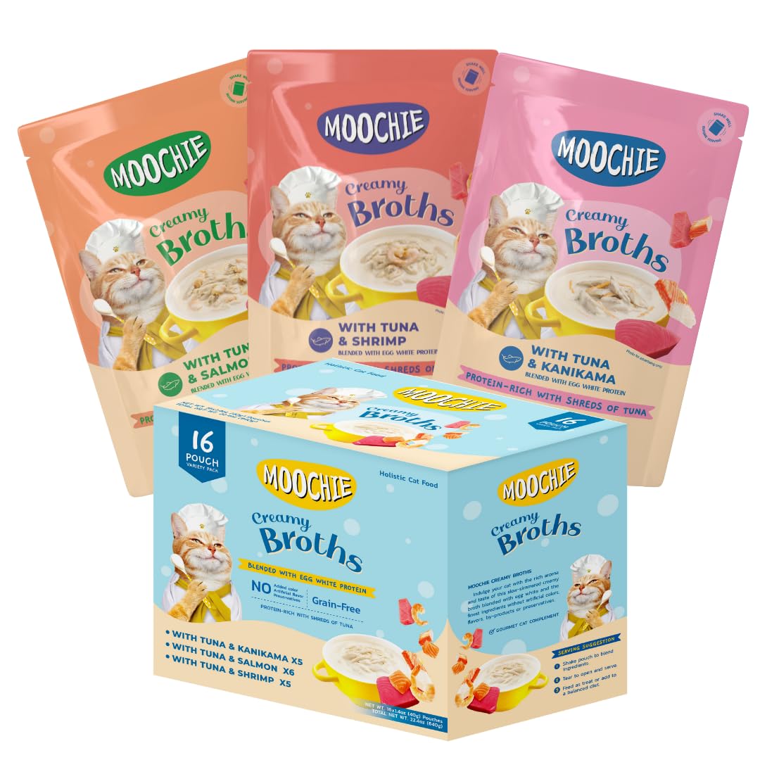 MOOCHIE caldo cremoso de salmón para gatos, ideal para hidratar