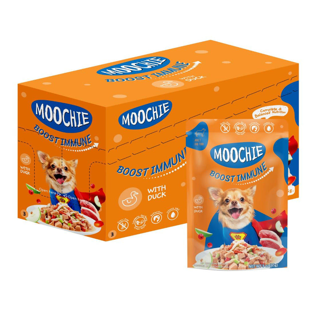 MOOCHIE pato con arándanos y Bayas de Goji en bolsas, nutrición para perros pequeños.