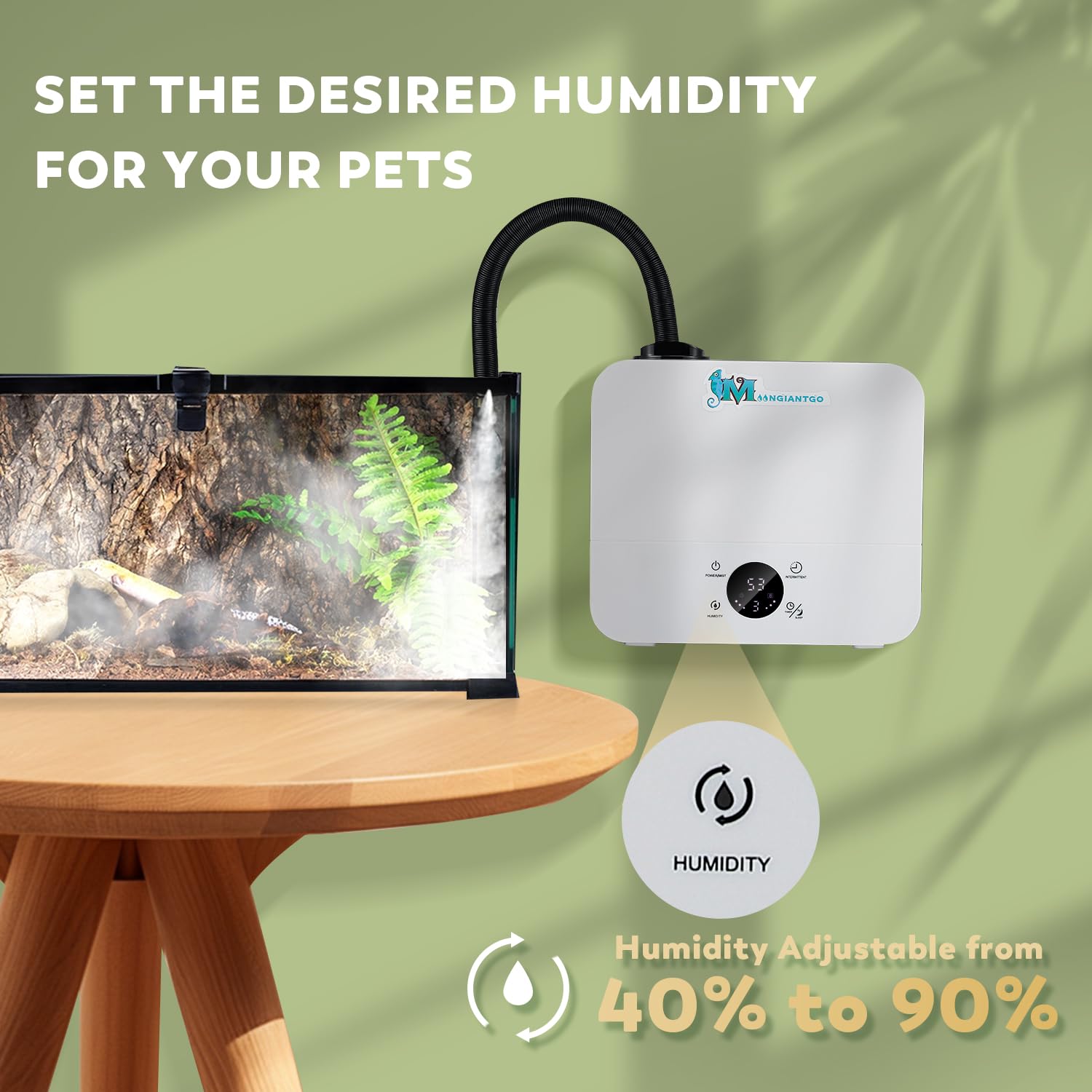 Moongiantgo humidificador-reptiles-control-humedad-40-90 mantiene un rango de humedad cómodo para reptiles.