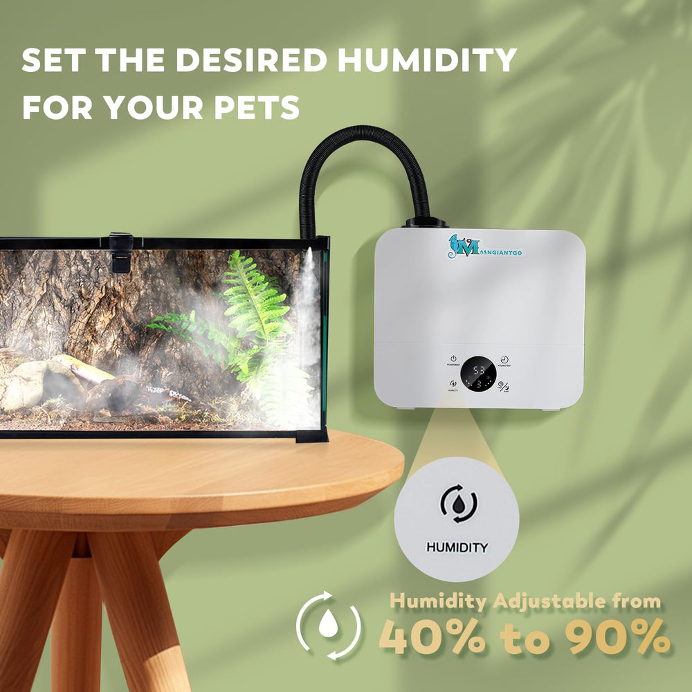 Moongiantgo humidificador-reptiles-control-humedad-40-90 mantiene un rango de humedad cómodo para reptiles.