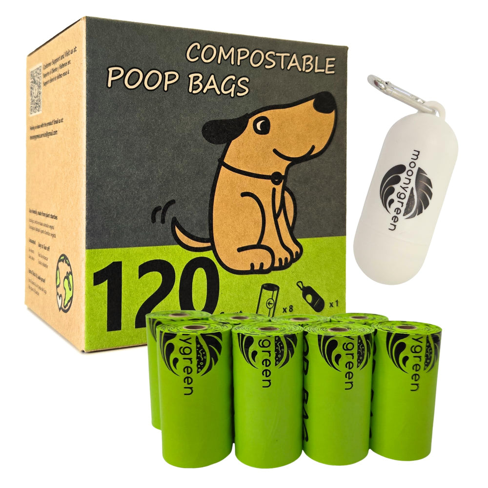 Bolsas Moonygreen para caca de perro, compostables y ideales para paseos diarios.