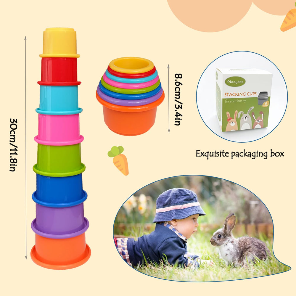 Juguetes para conejos arcoíris: colores brillantes que invitan a empujar y apilar.