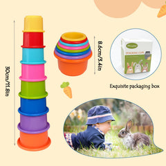 Juguetes para conejos arcoíris: colores brillantes que invitan a empujar y apilar.