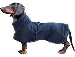 Chaqueta Morezi para perro salchicha impermeable en azul marino, ideal para paseos.