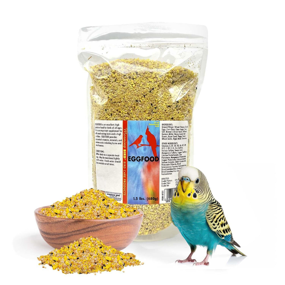 Envase de Morning Bird Eggfood 1.5 libras, práctico para alimentación diaria.