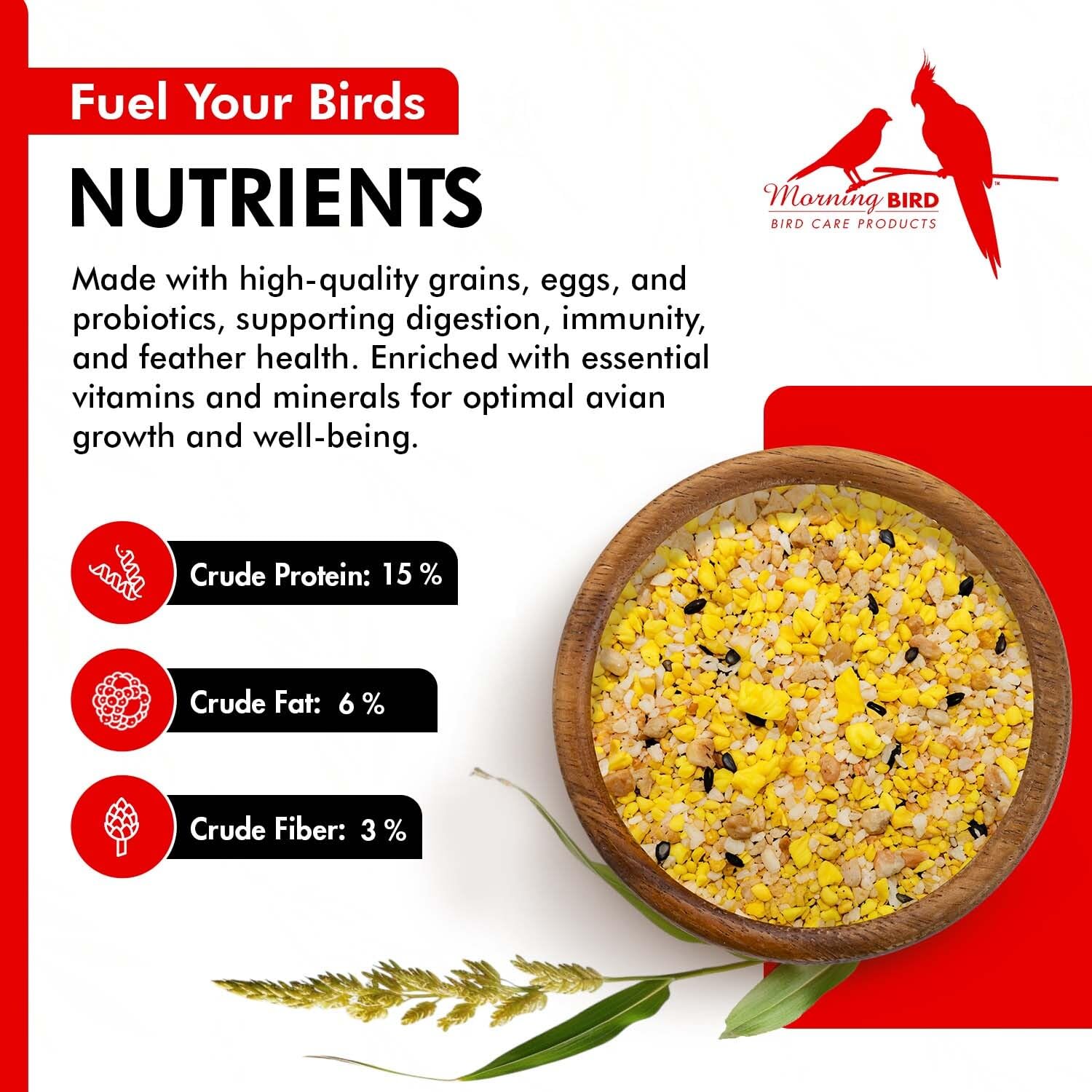 Morning Bird Eggfood servido en cuenco, opción versátil para premiar o alimentar.