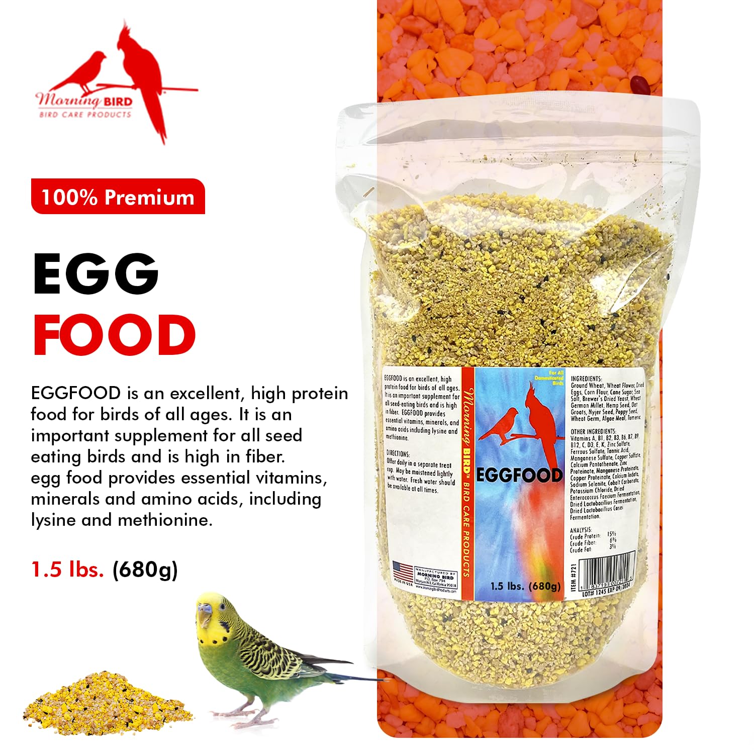 Textura suave de Morning Bird Eggfood, adecuada para aves que prefieren mezclas delicadas.