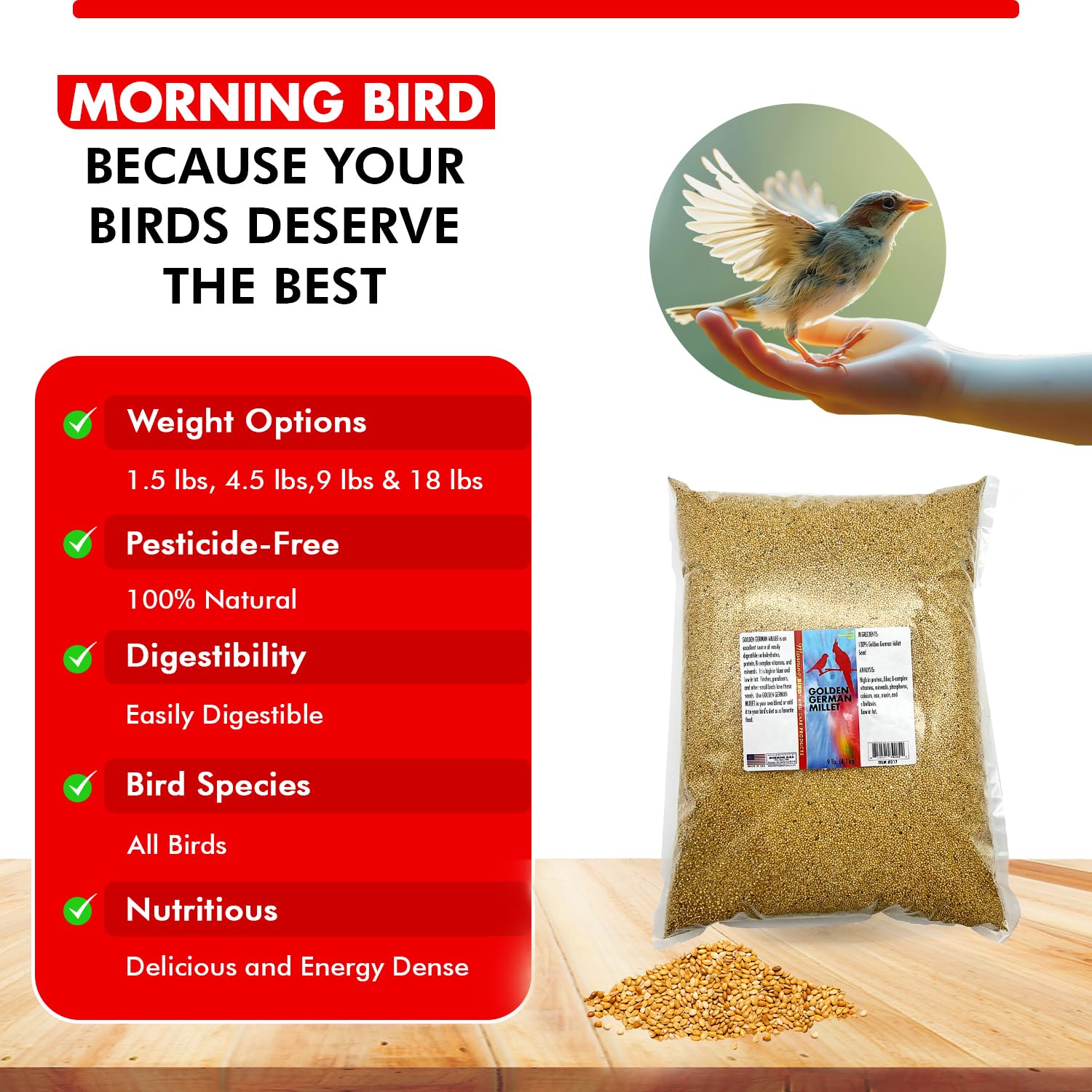 Morning Bird mijo dorado alemán: aporta energía y nutrición para aves de todas las edades.