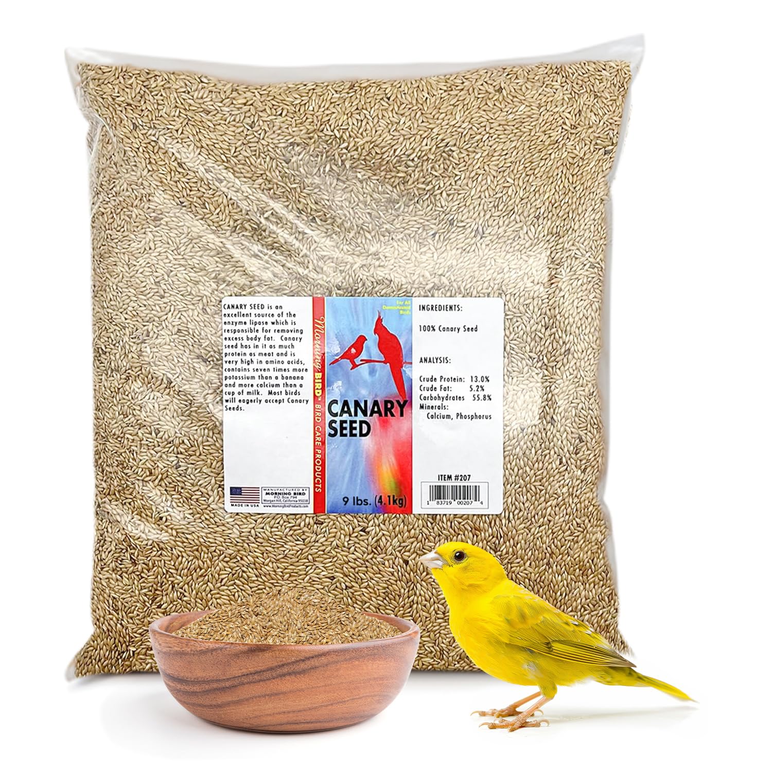 Semilla Morning Bird canario en bolsa de 9 libras para nutrición diaria de aves.