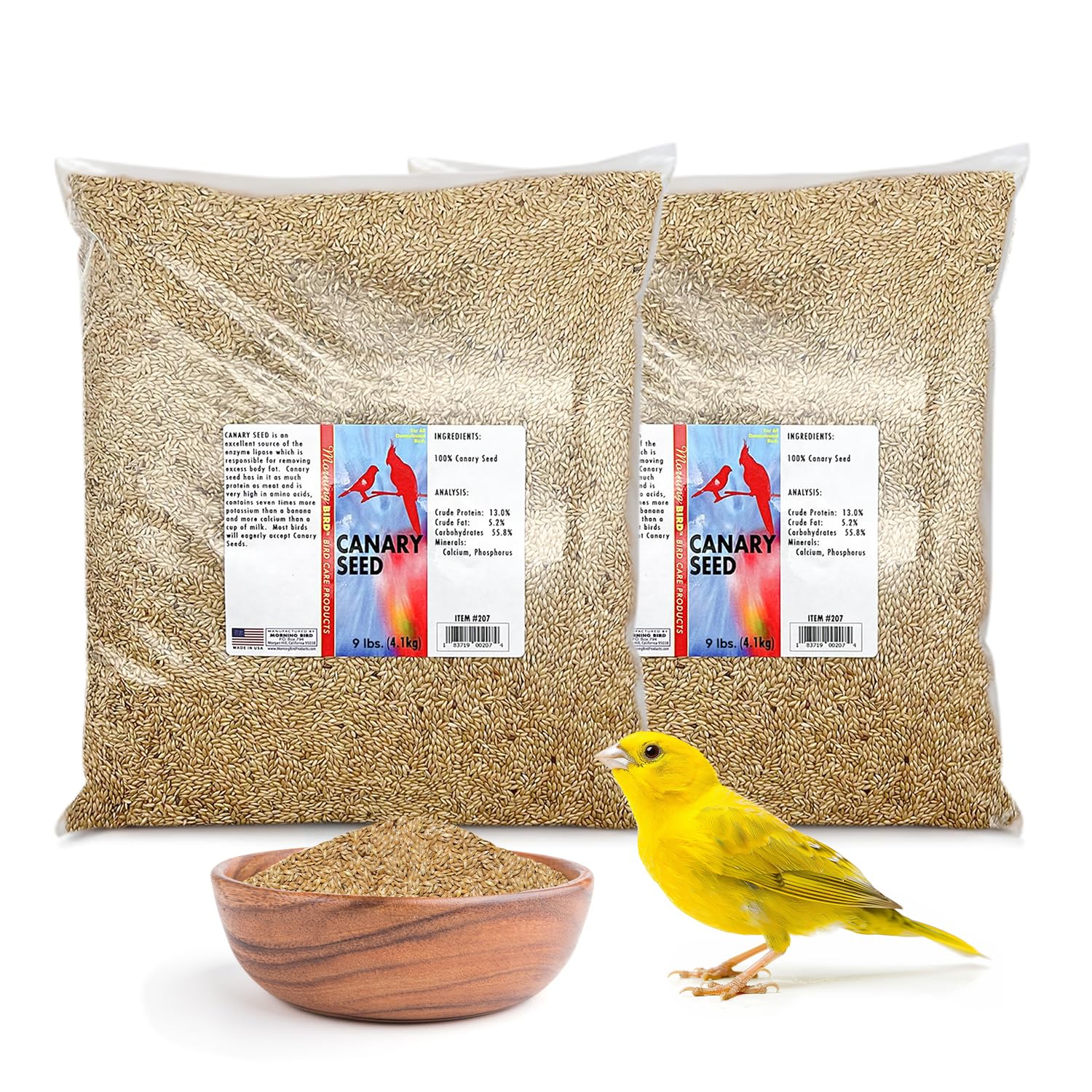 Morning Bird Semilla Canario frente del envase, ideal para aves activas.