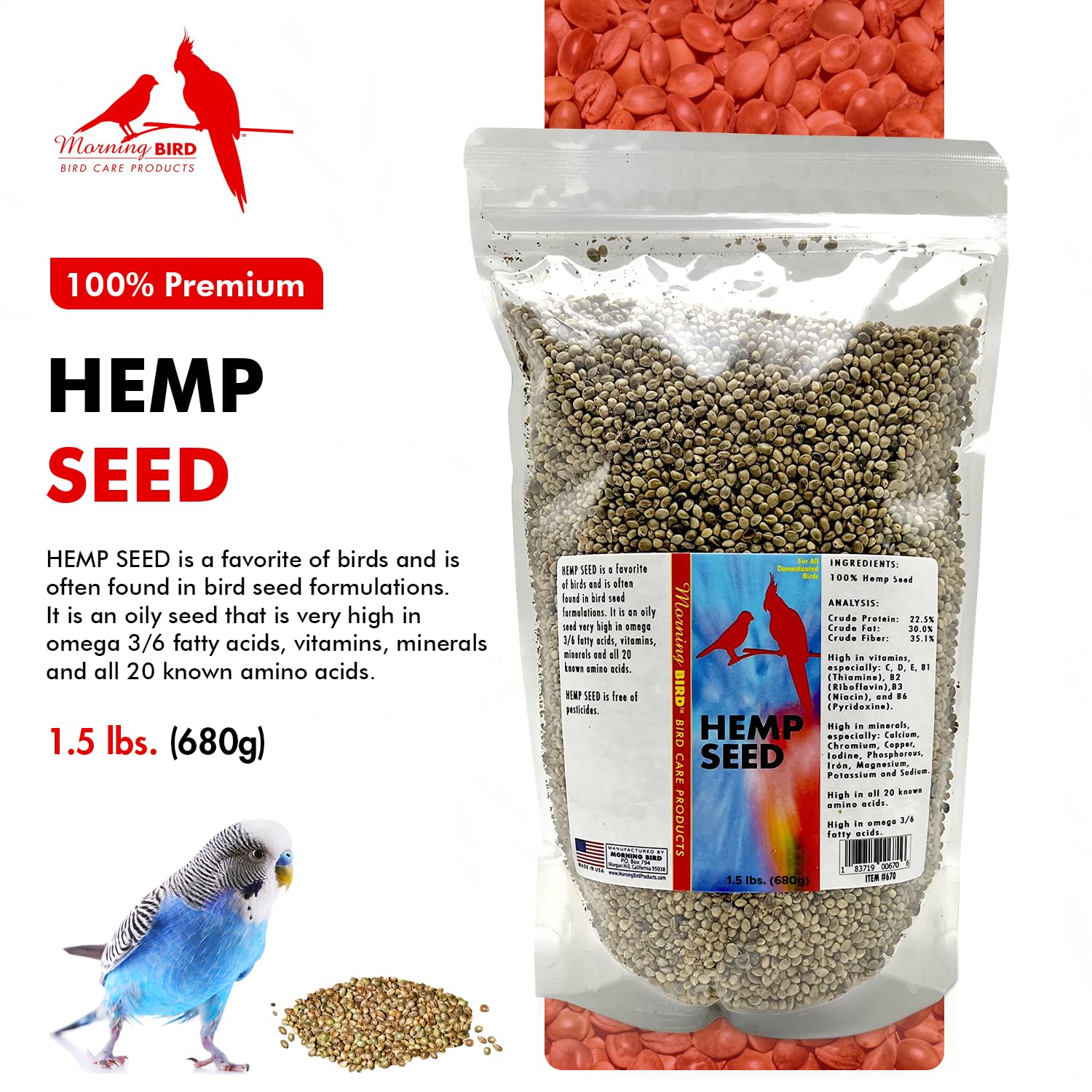 Envase hermético Morning Bird, semillas de cáñamo, frescura sostenida para aves en actividad.