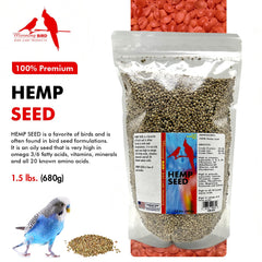 Envase hermético Morning Bird, semillas de cáñamo, frescura sostenida para aves en actividad.