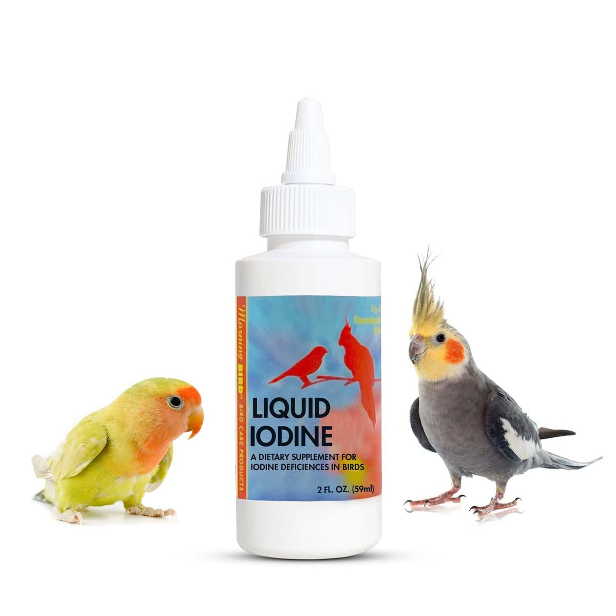 Morning Bird yodo líquido para aves en botella, apoyo al crecimiento de plumas y salud general.