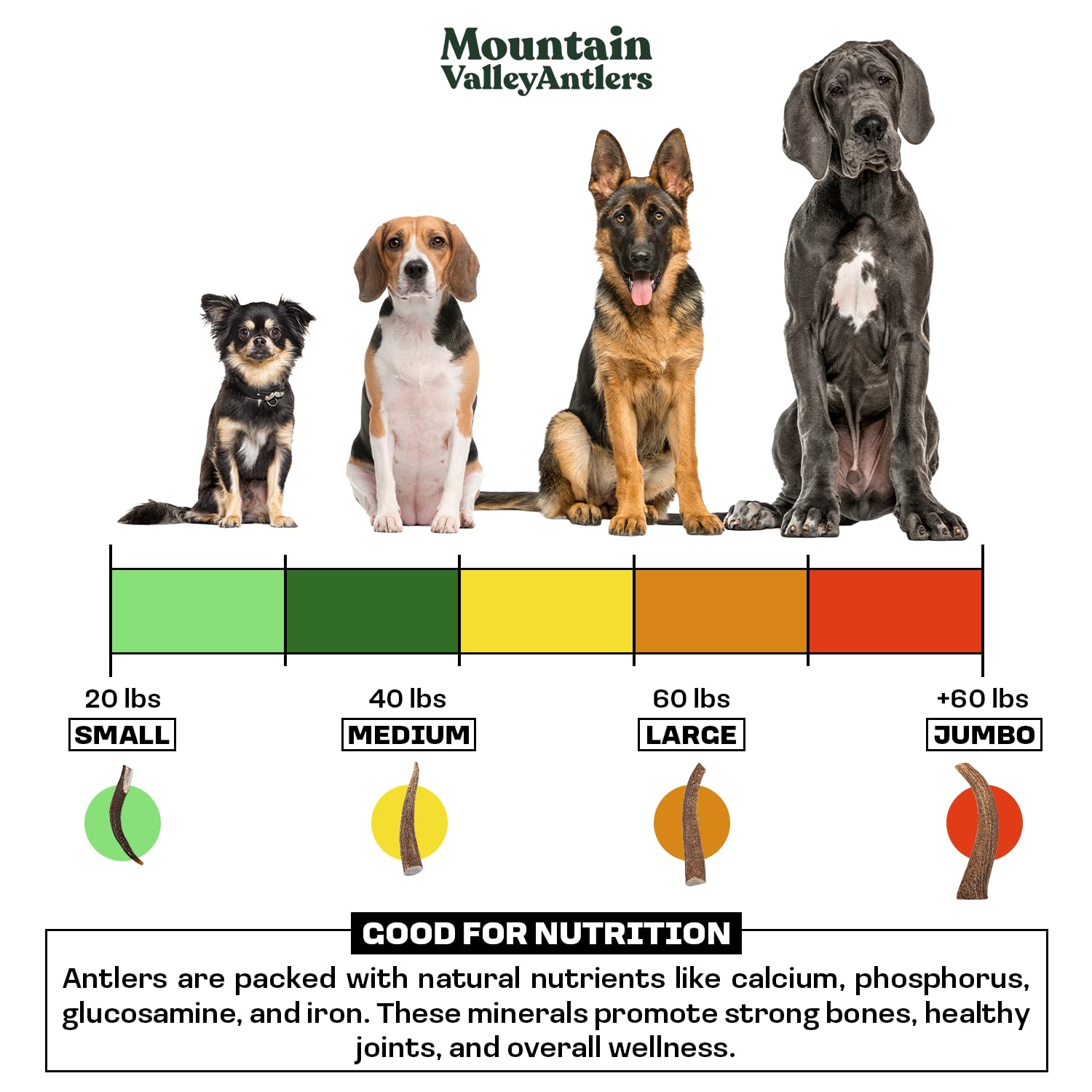 Mountain Valley Antlers ofrece tallas variadas para razas pequeñas y grandes.
