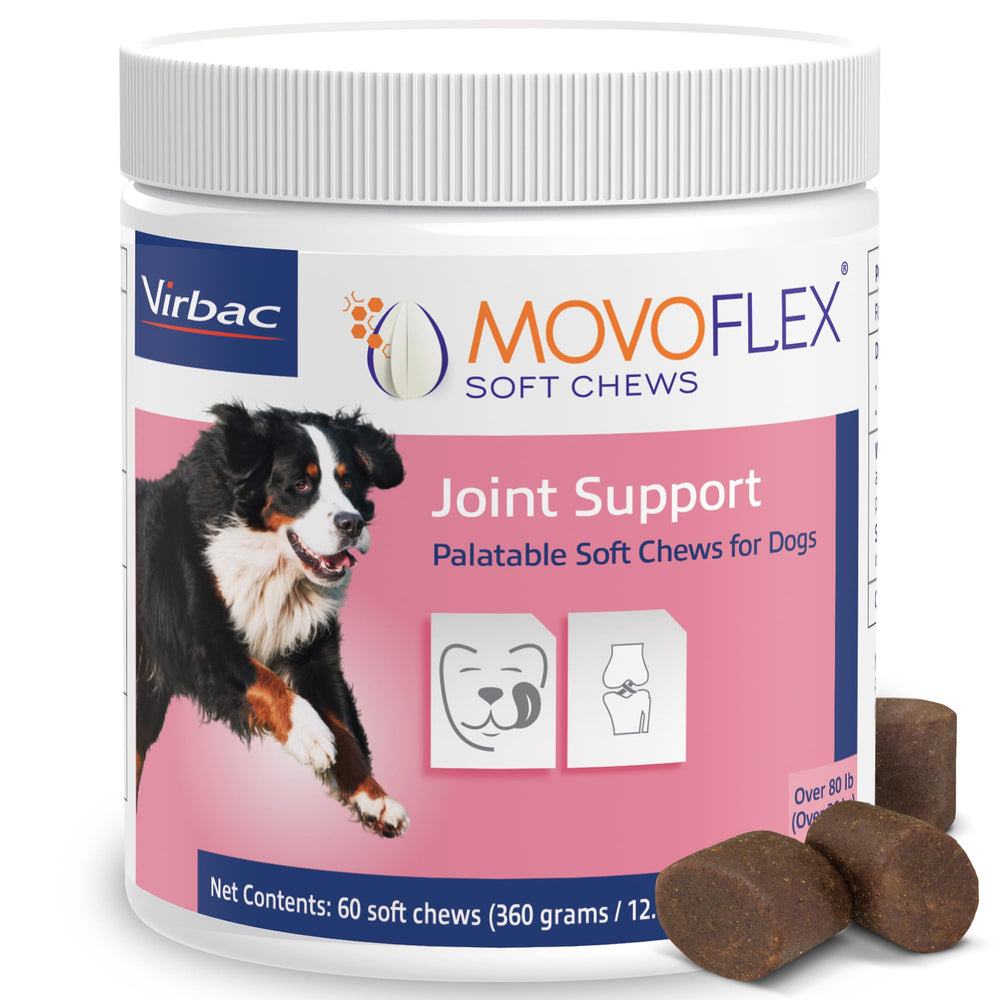 MOVOFLEX botella con gomitas para articulaciones de perros grandes, apoyando movilidad diaria.