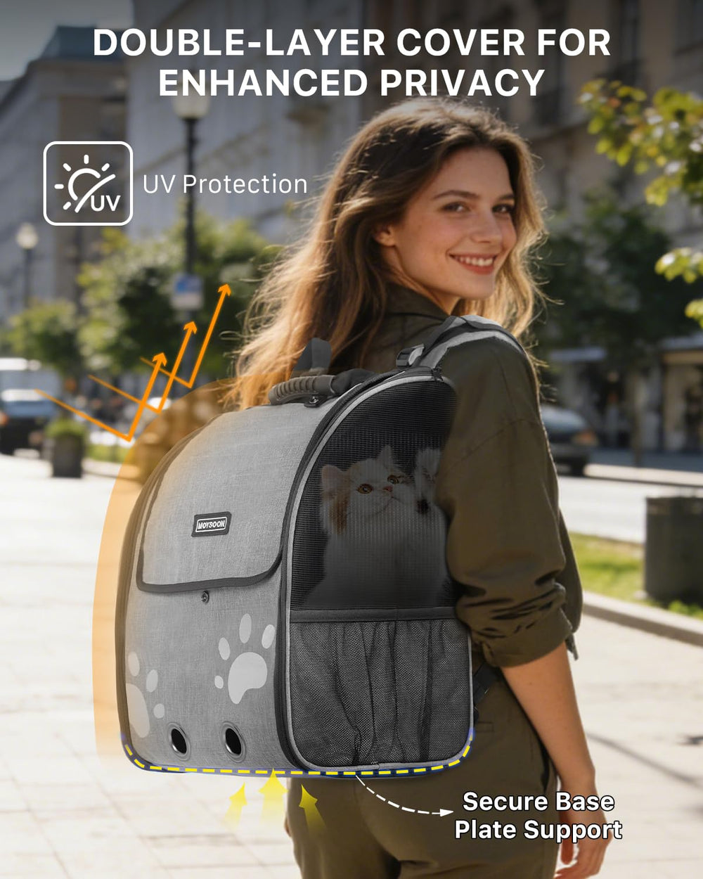Moysoon Mochila-gato-cierres-pecho-hombro mantiene ajuste estable durante caminatas.
