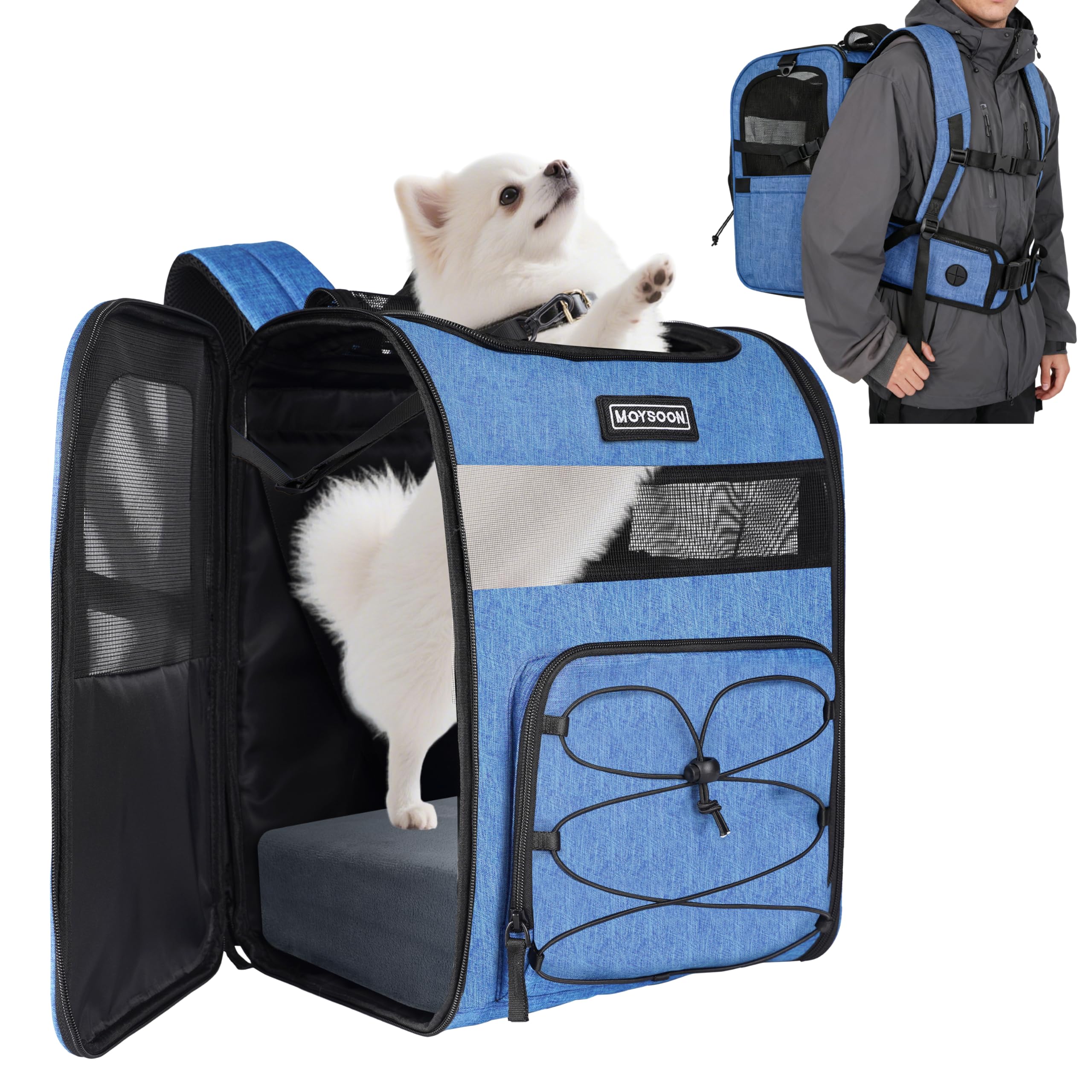 Moysoon Mochila portador perro azul con diseño de senderismo para viajes cómodos.