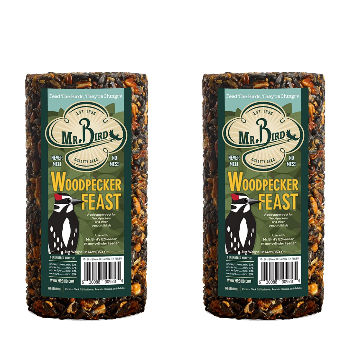Mr. Bird Woodpecker Feast, cilindro 4x4x7, alimento para aves carpinteras al aire libre.