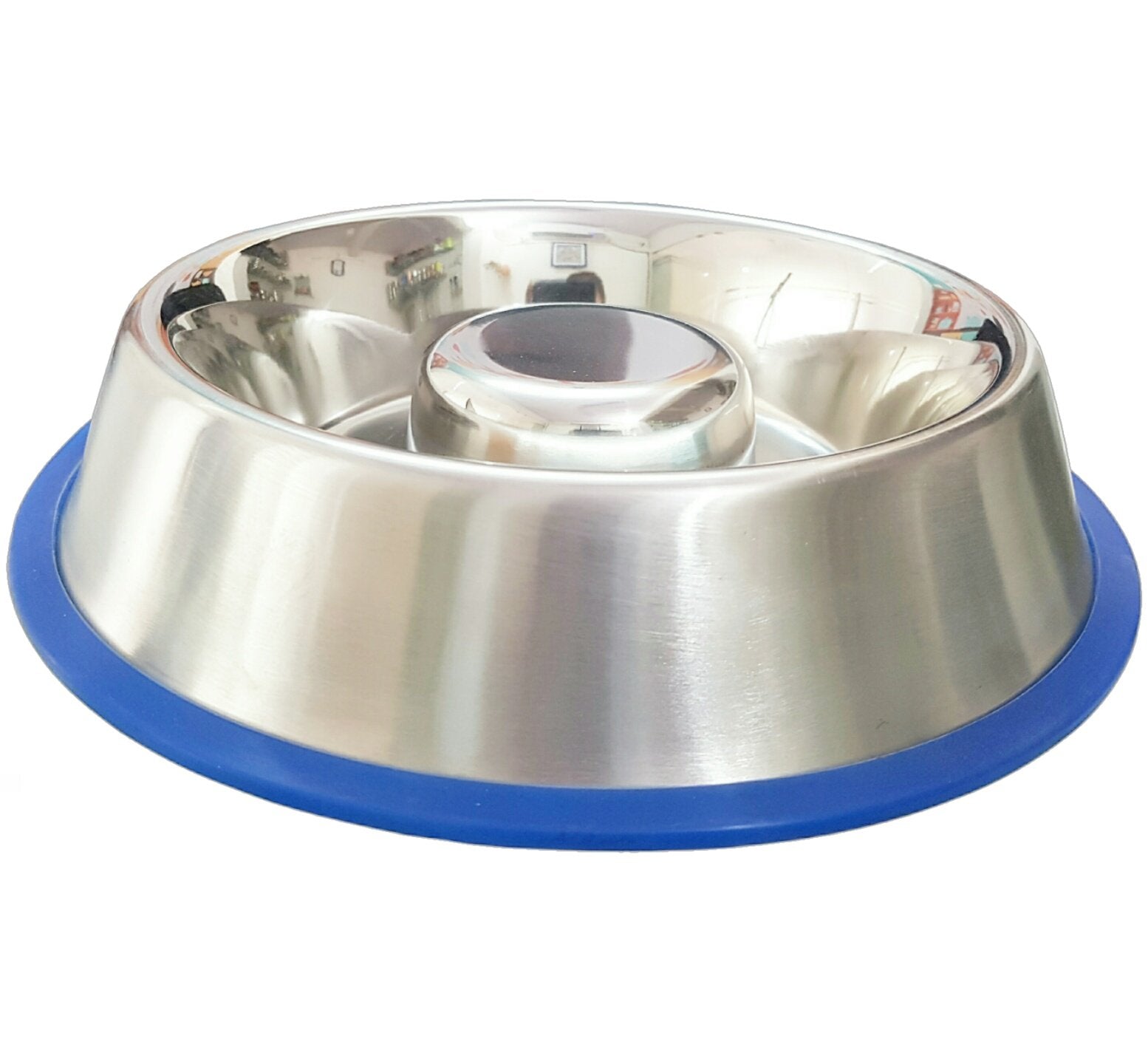 Mr. Peanut's comedero interactivo para perros en acero inoxidable con base azul que favorece una ingesta pausada