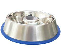 Mr. Peanut's comedero interactivo para perros en acero inoxidable con base azul que favorece una ingesta pausada