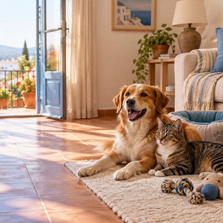 Perro y gato descansando juntos sobre una alfombra en un piso luminoso con terraza
