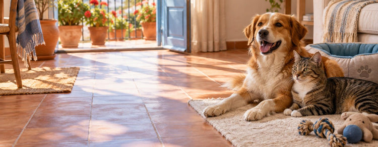 Perro y gato descansando juntos sobre una alfombra en un piso luminoso con terraza