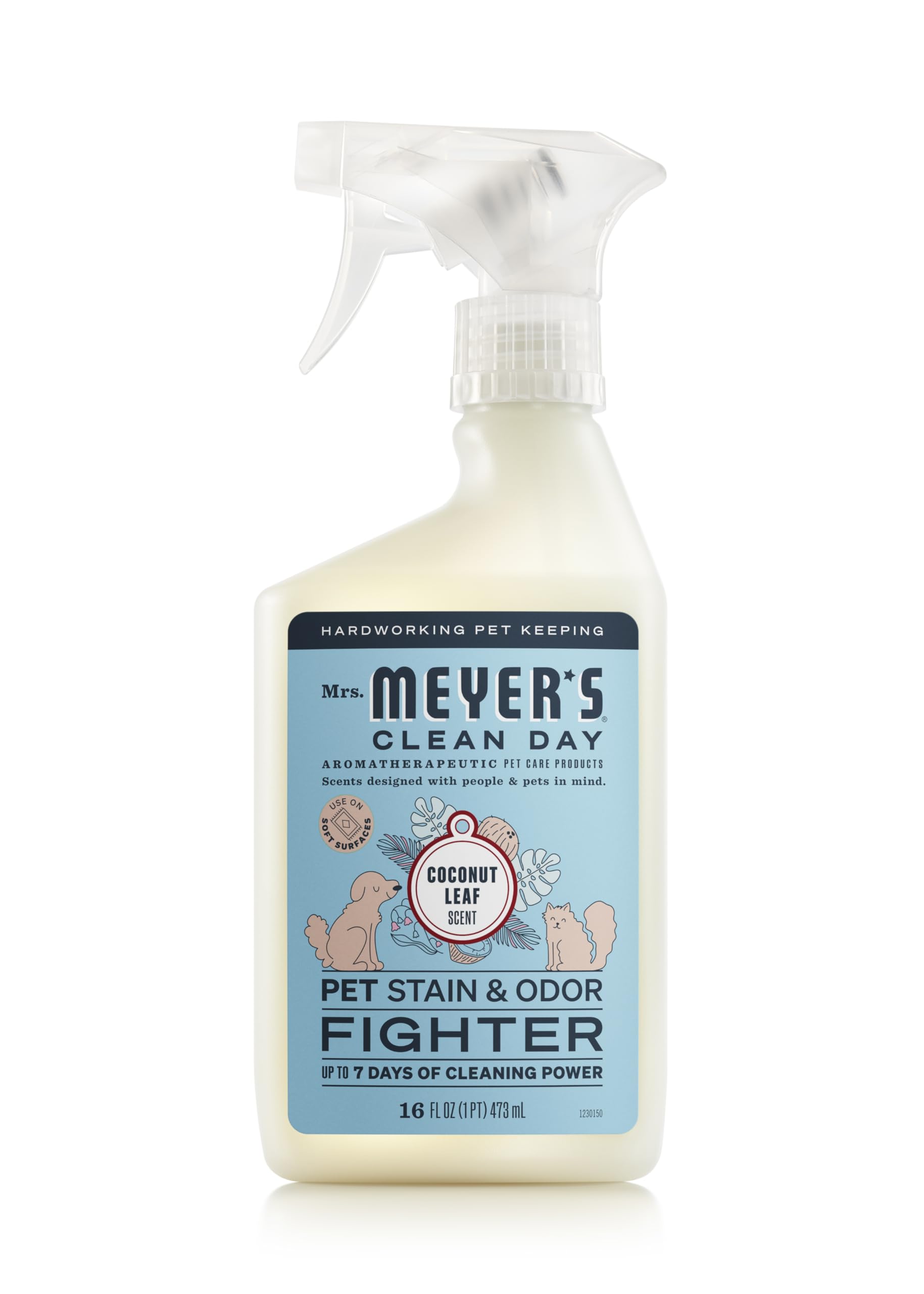 Botella de Mrs. Meyer's Clean Day para mascotas con control de manchas y olores.