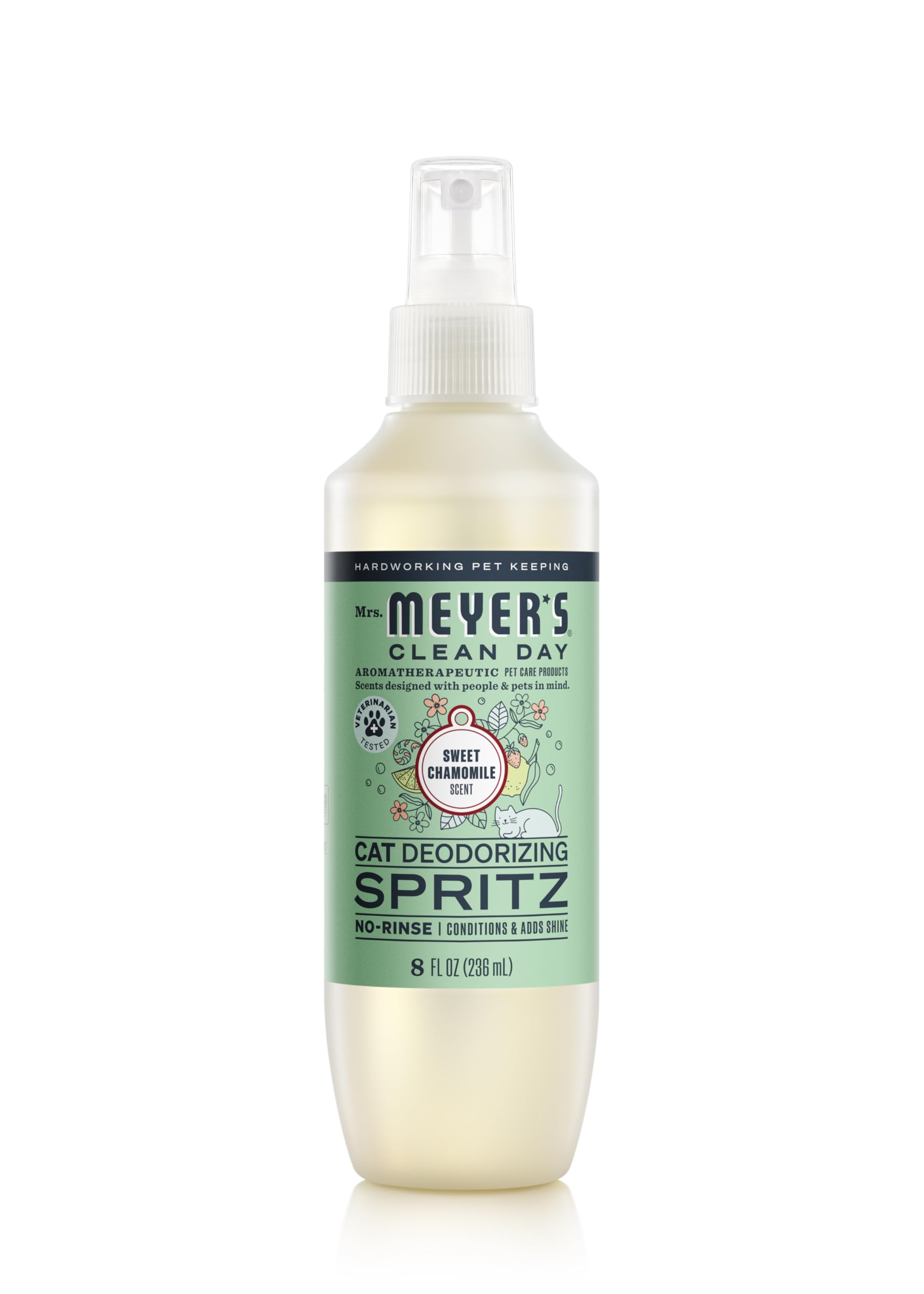 MRS. MEYER'S Desodorizante para gatos, botella en primer plano, aroma suave para pelaje fresco