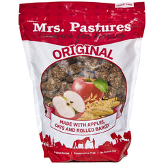 Galletas Mrs Pastures para caballos con manzana y avena, sabor natural para entrenamiento diario.