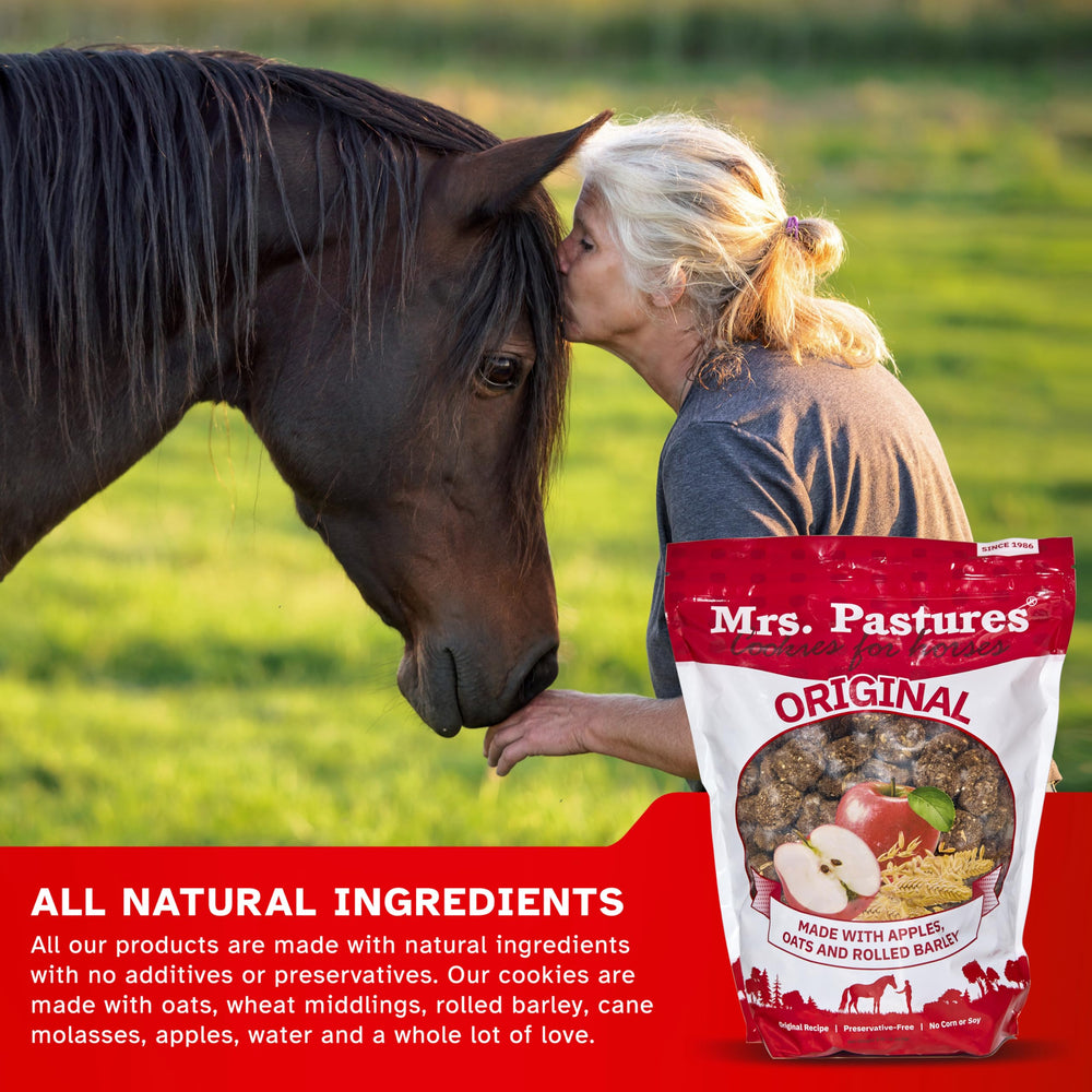 Tarro de 32 onzas de Mrs. Pastures galletas para caballo.