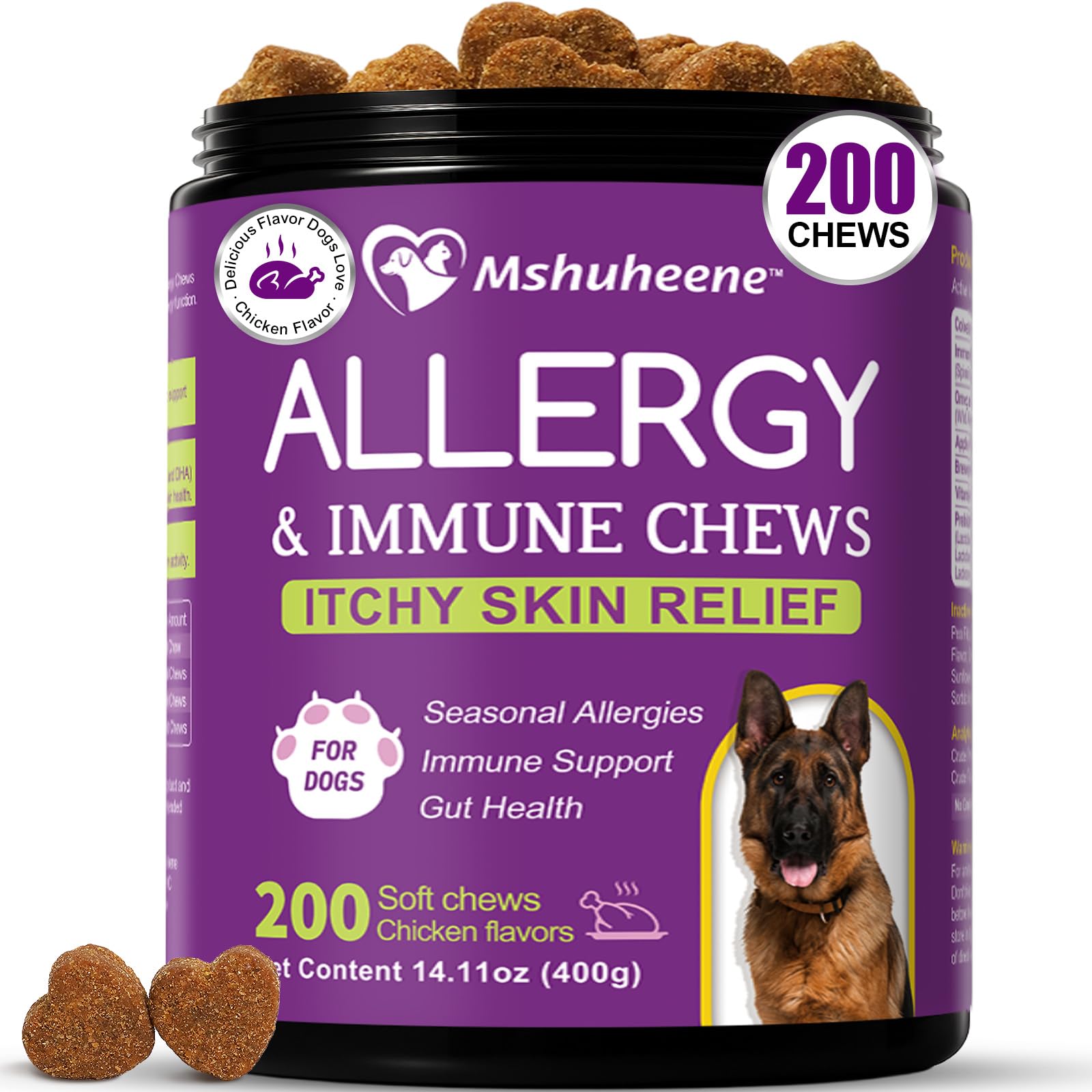 Mshuheene masticables para alergias en perros, envase de 200 unidades, uso diario.