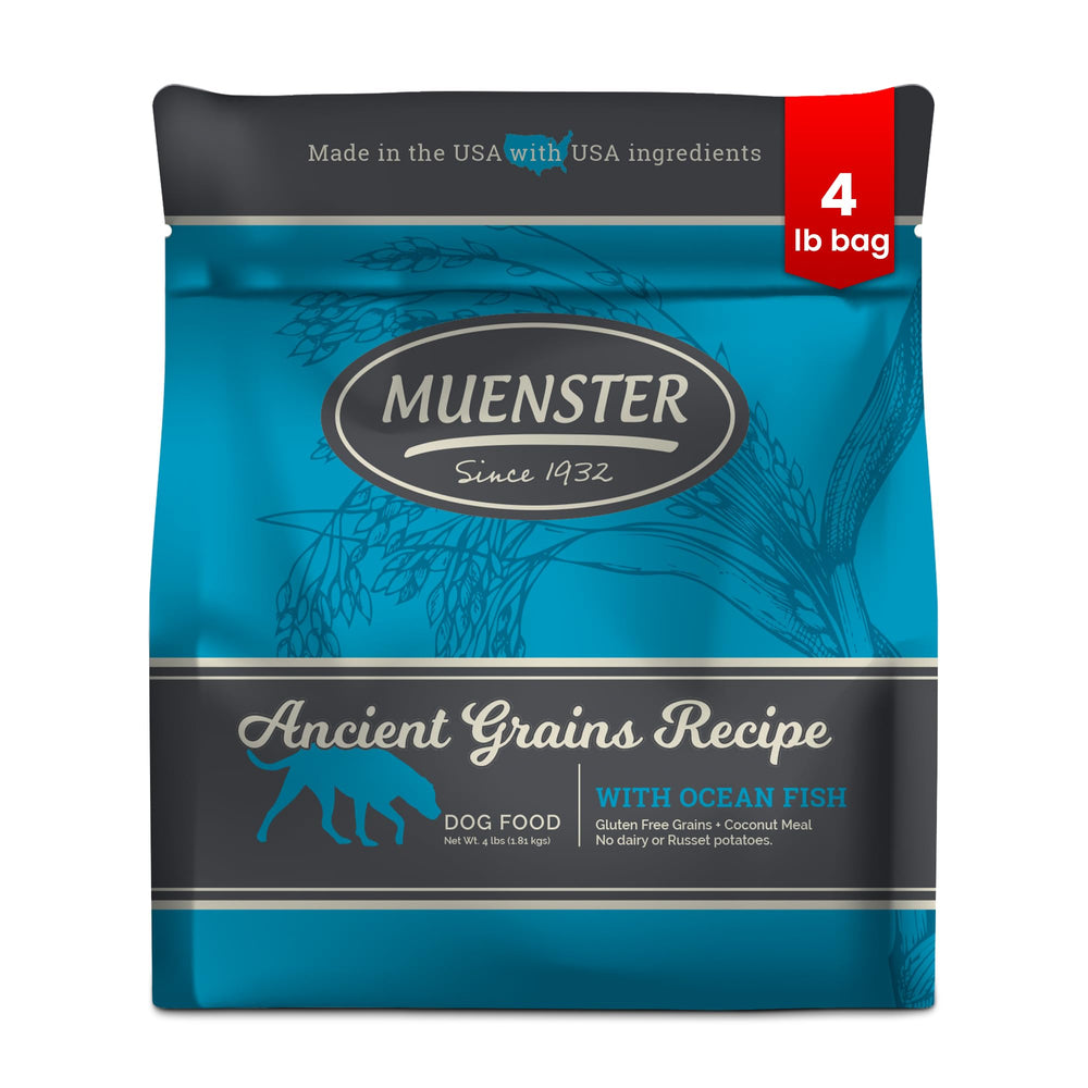 Muenster granos antiguos y pescado oceánico en alimento seco para perros, digestión suave.