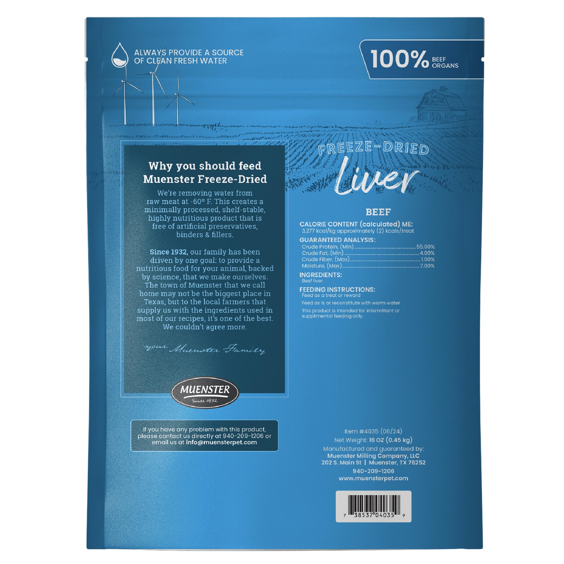 Muenster hígado liofilizado etiqueta: producto 100% carne de res.