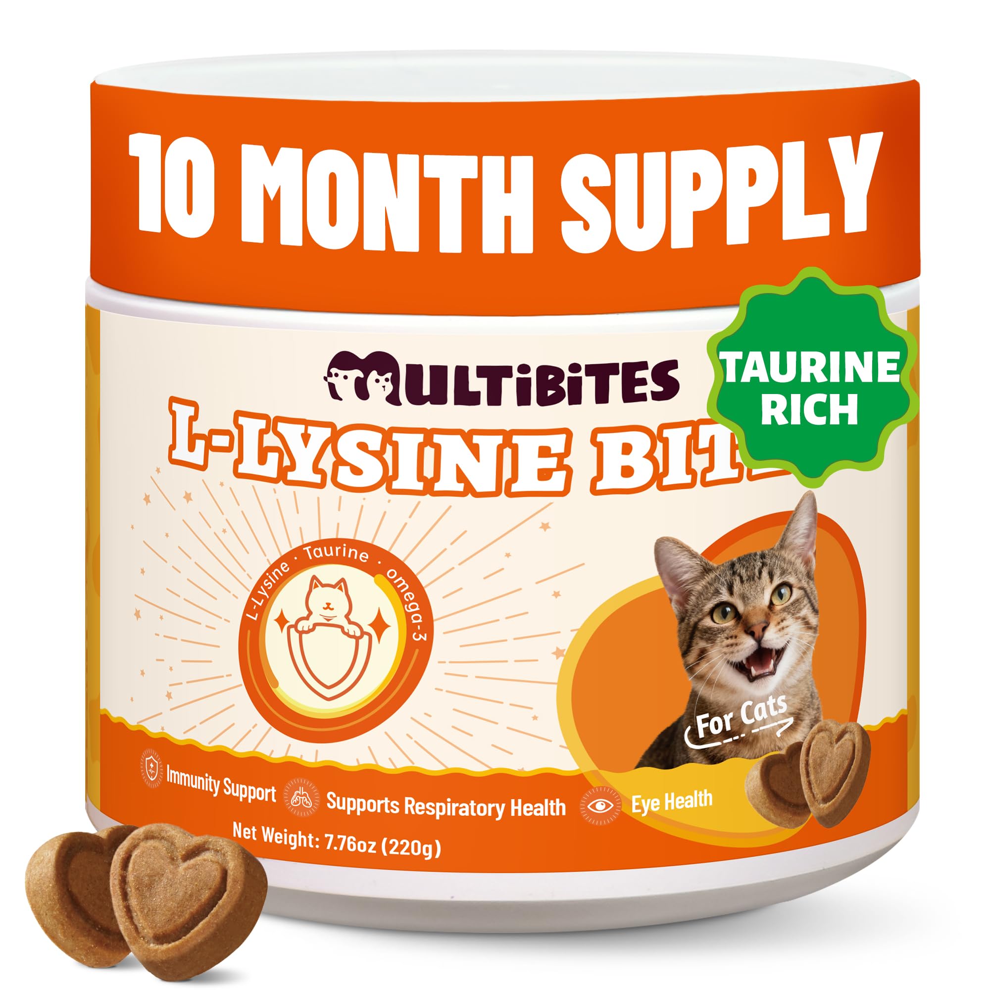 MULTIBITES: bote con 330 bocados de lisina para gatos, posible apoyo inmunológico.