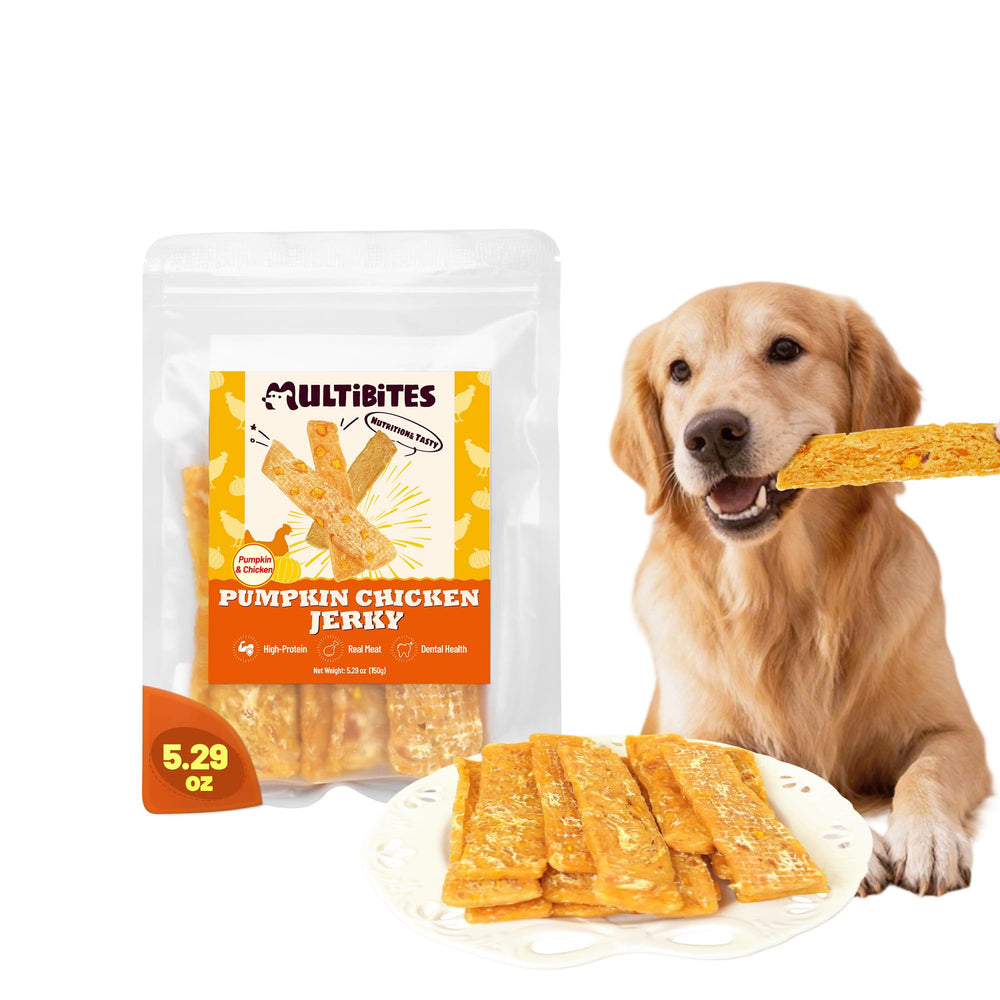 MULTIBITES trozos de pollo y calabaza, paquete visible, snack sabroso para perros.