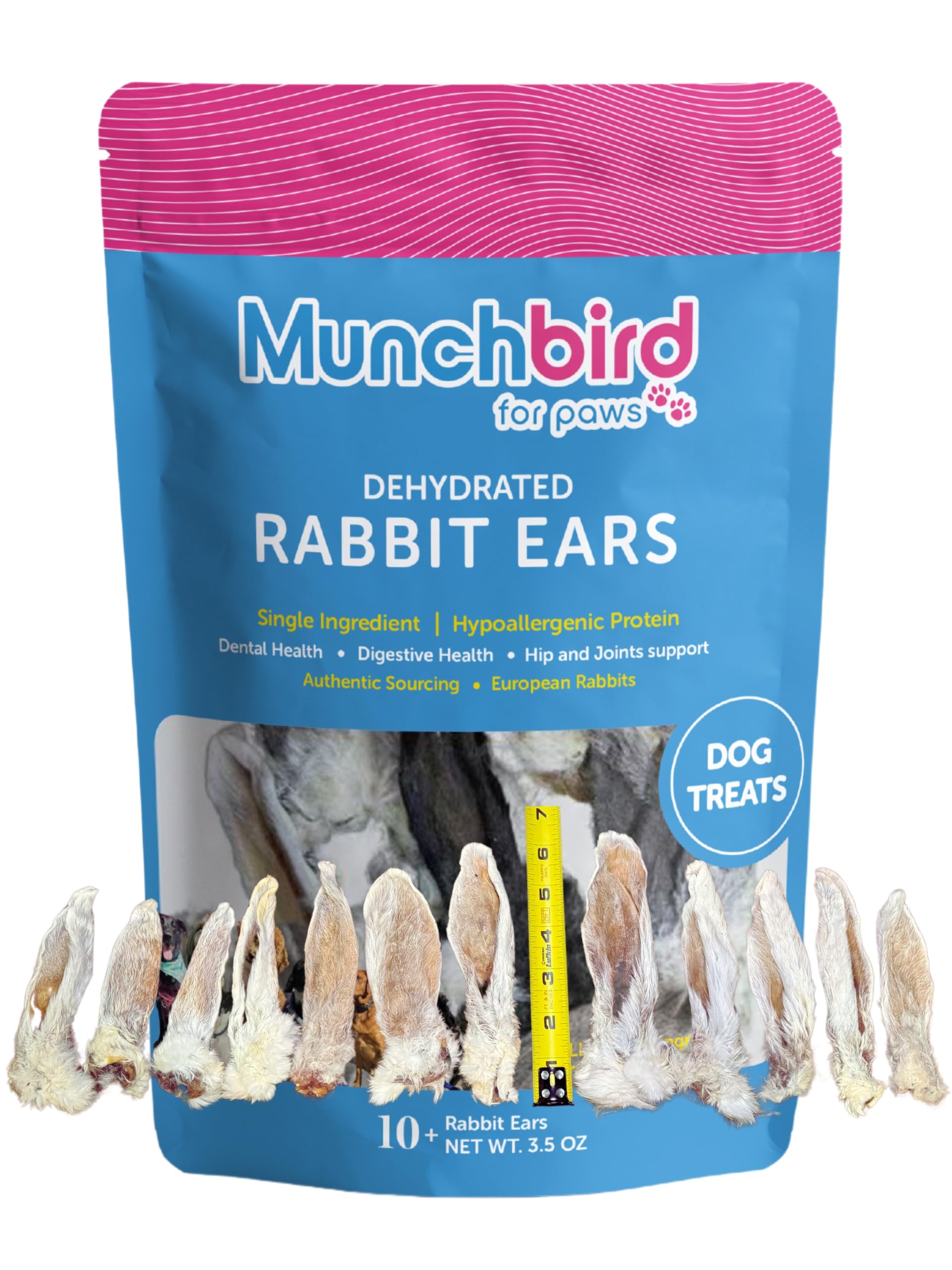 Munchbird orejas de conejo deshidratadas para perros, textura crujiente y proteína alta.