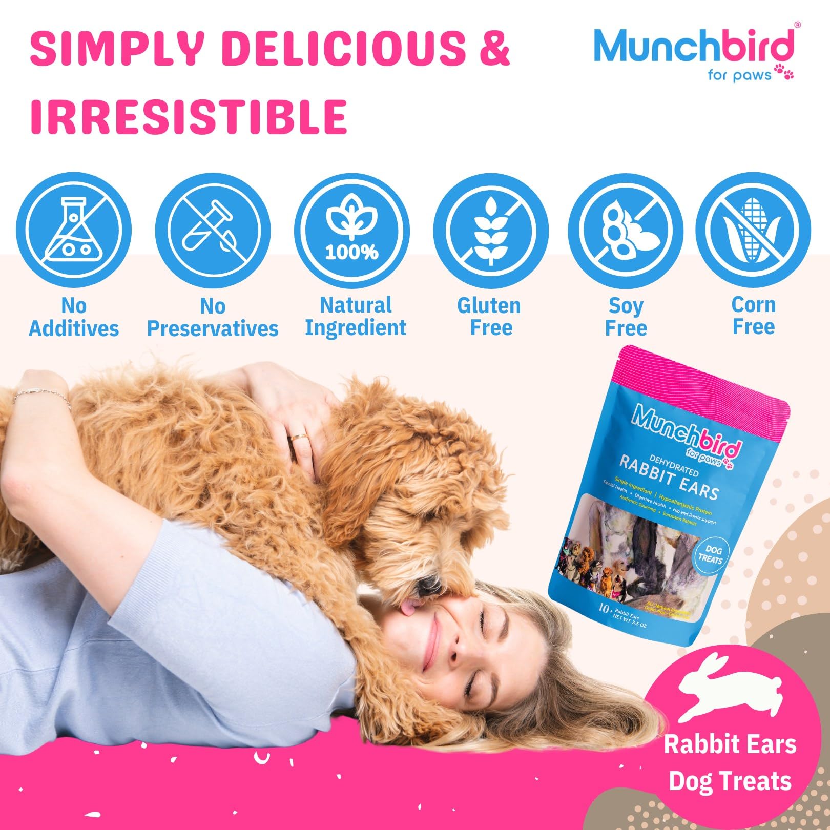 Munchbird orejas de conejo deshidratadas, cuidado dental natural para perros.