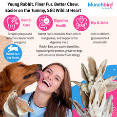 Munchbird orejas de conejo deshidratadas con fibra para una digestión saludable.
