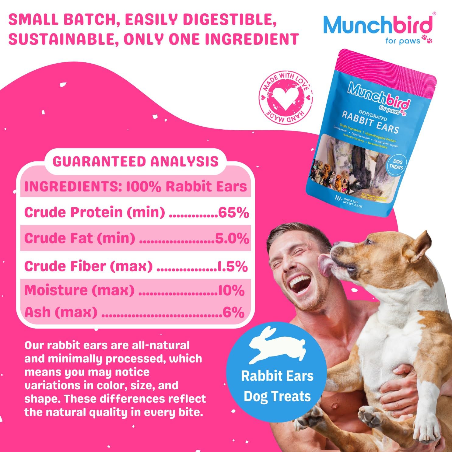 Munchbird orejas de conejo deshidratadas, opción hipoalergénica para estómagos sensibles.