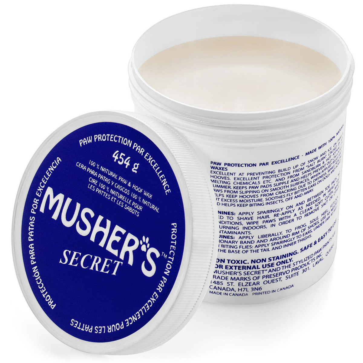 Bálsamo Musher's Secret para patas, protección contra sequedad en hielo.