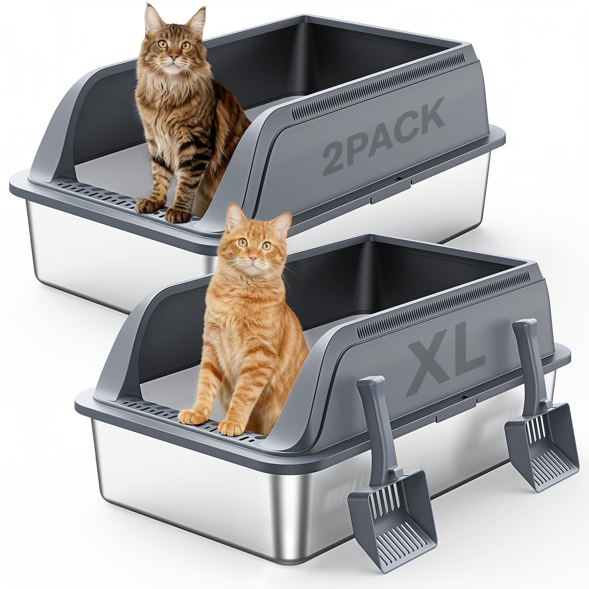 Mutrelenx dos bandejas de arena en acero inoxidable, ideales para gatos grandes